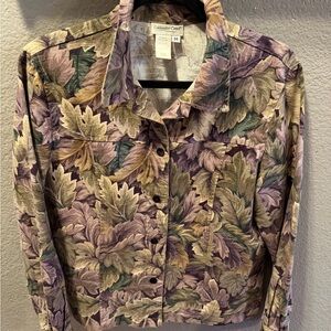 Vintage 90s Cropped Leaf Print Jacket M Earth Tone Botanical Cotton Cottagecore